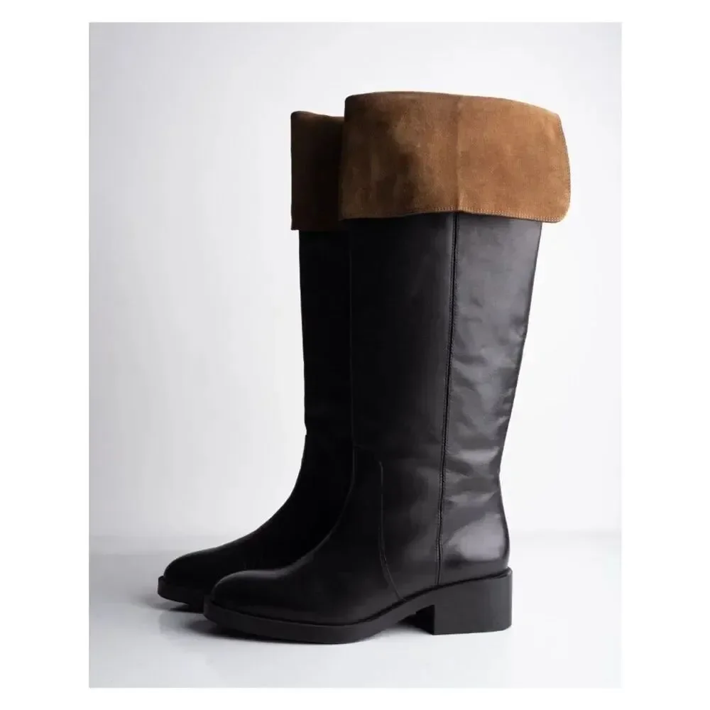 Zara Womens Leather Knee High Boots Black Contrast suede US 9 EU 40 NWD 2053/410